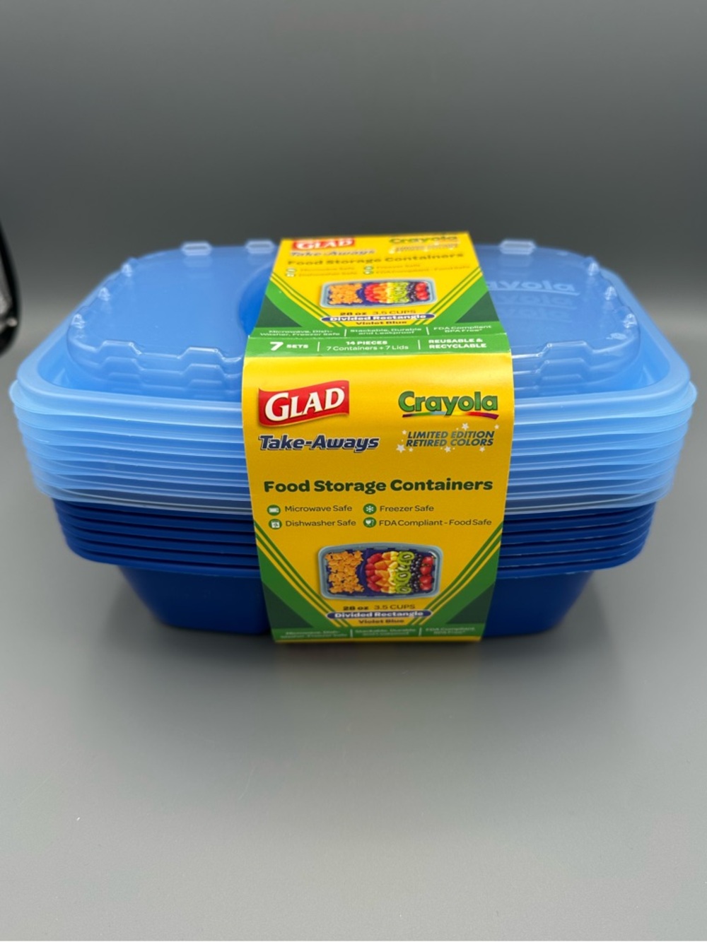 NEW Glad Crayola Take Aways Food Storage Containers Pack of 7 Violet Blue 28oz